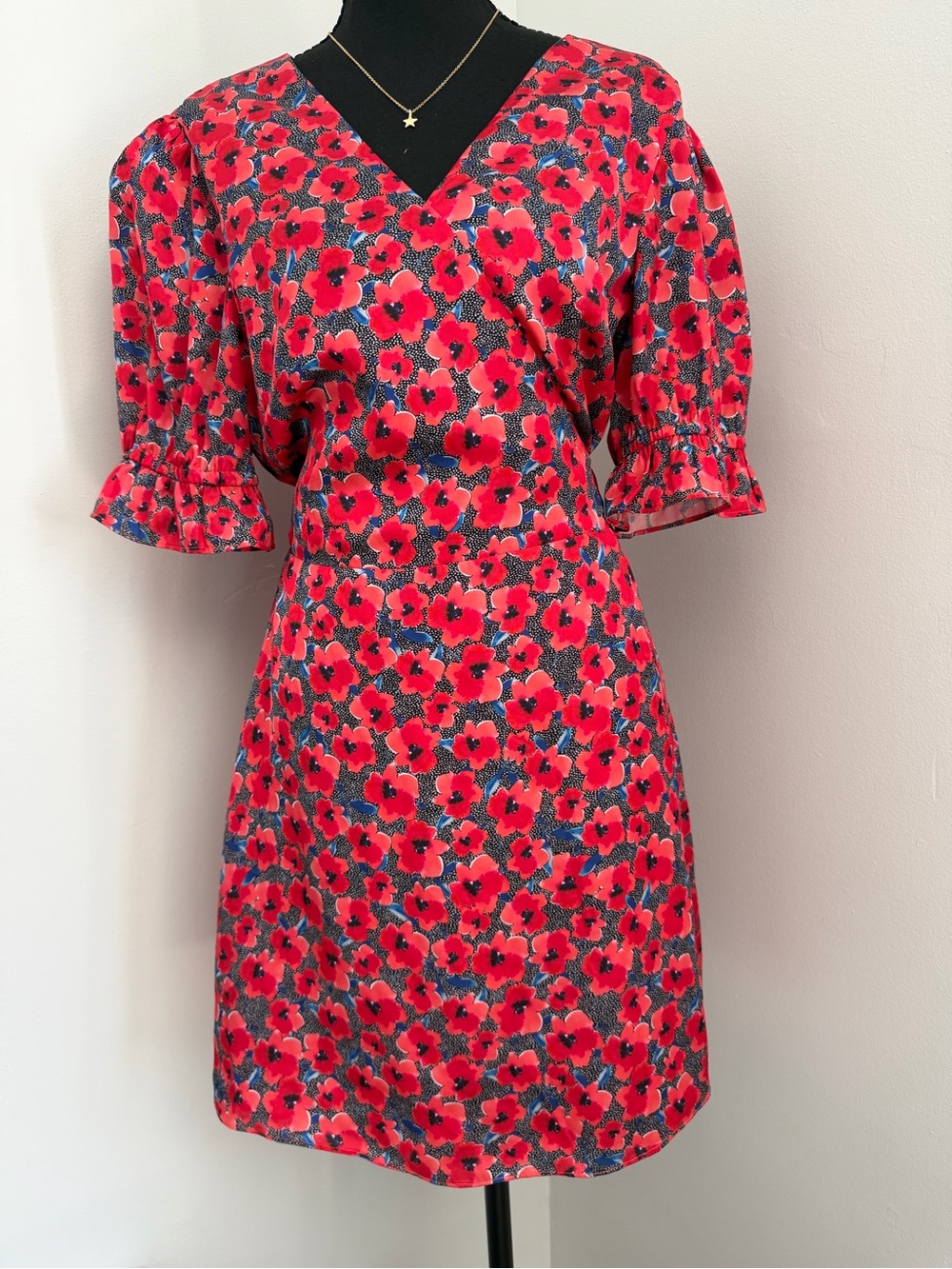 House of Harlow 1960 Red Floral Wrap Mini Dress XL Puff Sleeve